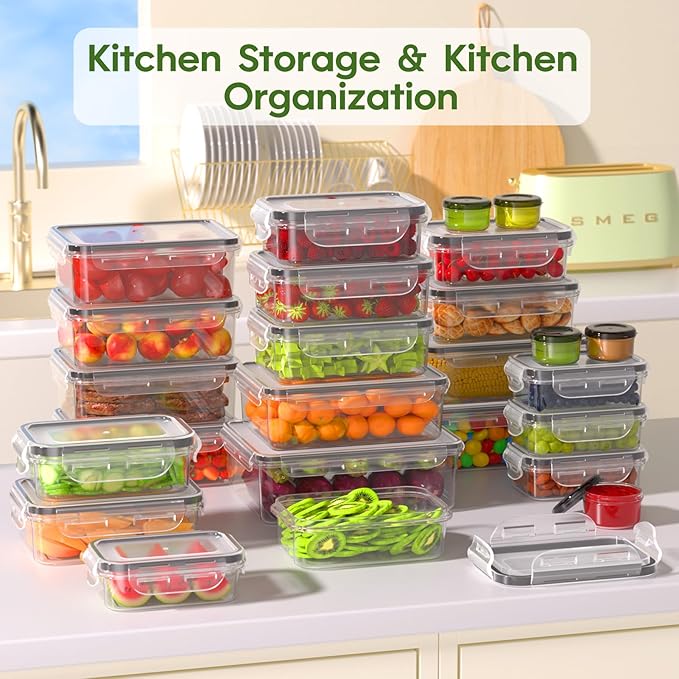 50-Piece Food Storage Containers with Lids(25 Containers & 25 Lids), Plastic Food Containers for Pantry & Kitchen Storage and Organization, BPA-Free, Leak Proof, Reusable with Labels & Pen