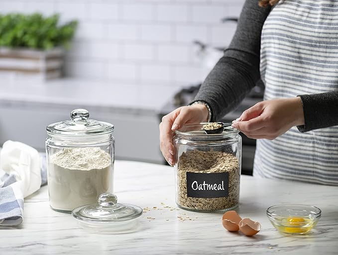 1 Gallon Glass Cookie Jars + Labels & Marker - Set of 2 Canister Sets for Kitchen Counter with Airtight Lids, Sugar Packet Holders Food Storage Containers with Lids Airtight for Pantry, Flour, Sugar,