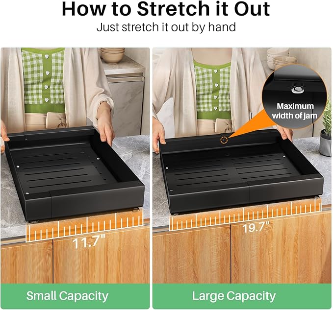Pots and Pans Organizer Under Cabinet, Expandable(11.7"-19.7") Pull out Cabinet Organizer, Heavy Duty Adjustable Rack Inside Cabinet Fixed with Adhesive Film, Roll out Shelf Storage for Kitchen Pantry