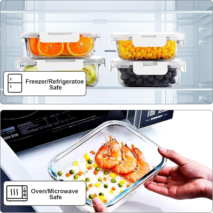 VERONES 10Pack Glass Meal Prep Containers, Airtight Glass Lunch Containers,Stackable Glass Food Storage Containers Set with Lids,Exclusive of BPA, for Microwave,Oven, Freezer&Dishwasher Friendly,White