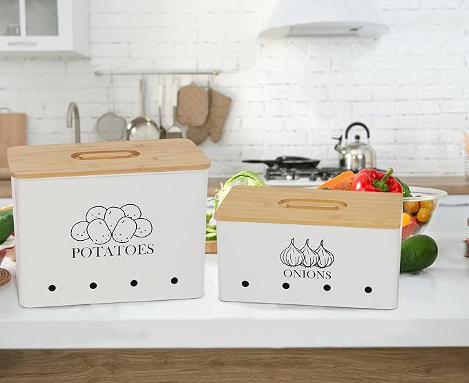 Potato Onion Kitchen Storage Canisters,Storage Bin For Kitchen 2 Pack Set,potatoe, Potato Storage Box,storage And Long Shelf Life With Aerating Tin Storage Holes-white