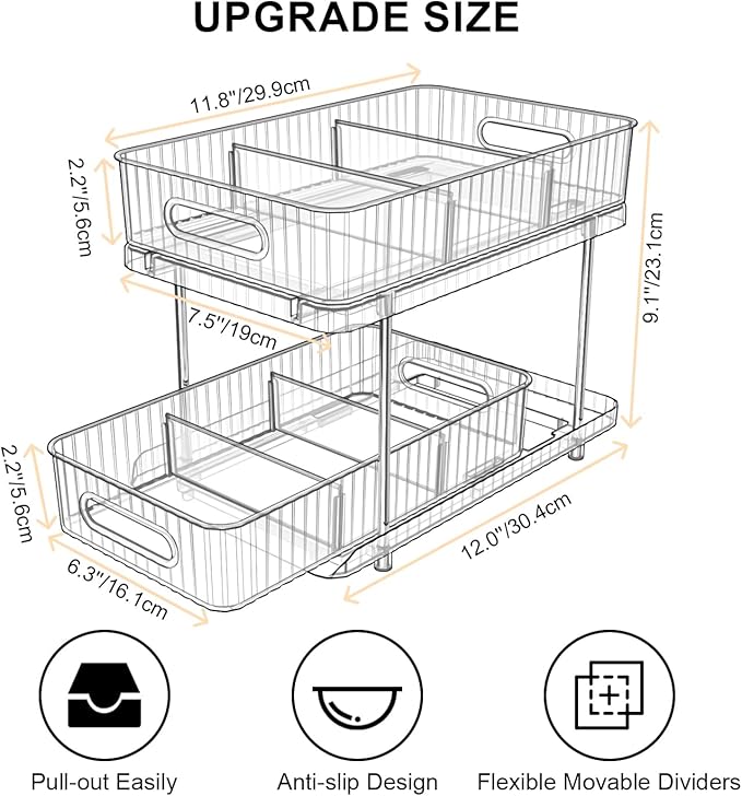 Fowooyeen 2 Pack Bathroom Cabinet Organizer, 2 Tier Pull Out Clear Under Sink Organizers and Storage, Multi-Purpose Kitchen Pantry Medicine Organization and Storage Shelves Bins with Movable Dividers