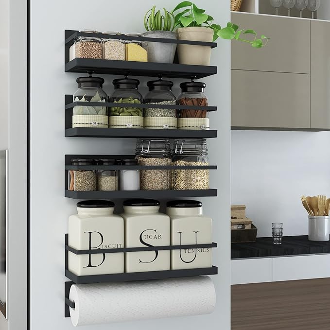 Magnetic Spice Rack for Refrigerator - 4 Pack Black with Magnetic Paper Towel Holder