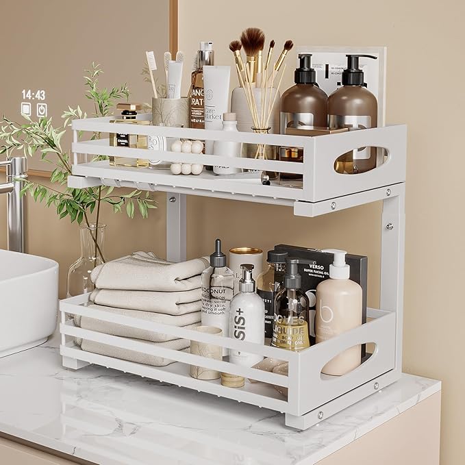 Under Sink Organizer, Pull Out Cabinet Organizers, Slide Sink Steel Shelf Cabinet Storage Shelves, Under Sink Storage for Kitchen Bathroom Cabinet (White, 1 Pack)