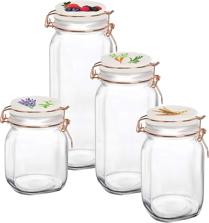 Circleware Vegetable Decal Glass Canisters Shaped with Ceramic Lids, Set of 4 Kitchen Glassware Food Beverage Preserving Containers for Coffee, Sugar, Tea, Spices, Cereal, 66 oz, 49 oz, 30 oz, 22 oz