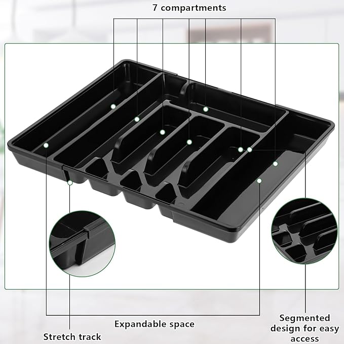 Utensil Drawer Organizer, Expandable Silverware Drawer Organizer Adjustable Kitchen Drawer Organizer Cutlery Drawer Utensil Tray Flatware Tray for Forks Spoons Knife Organizer(Large, Black)