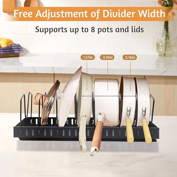 XIAPIA Pull Out Cabinet Organizer, Pots and Pans Organizer under Cabinet with 8 Adjustable Dividers, Pull Out Shelves for Kitchen Cabinets, Pot Lid Organizers inside Cabinet (Black, 2 Pack)