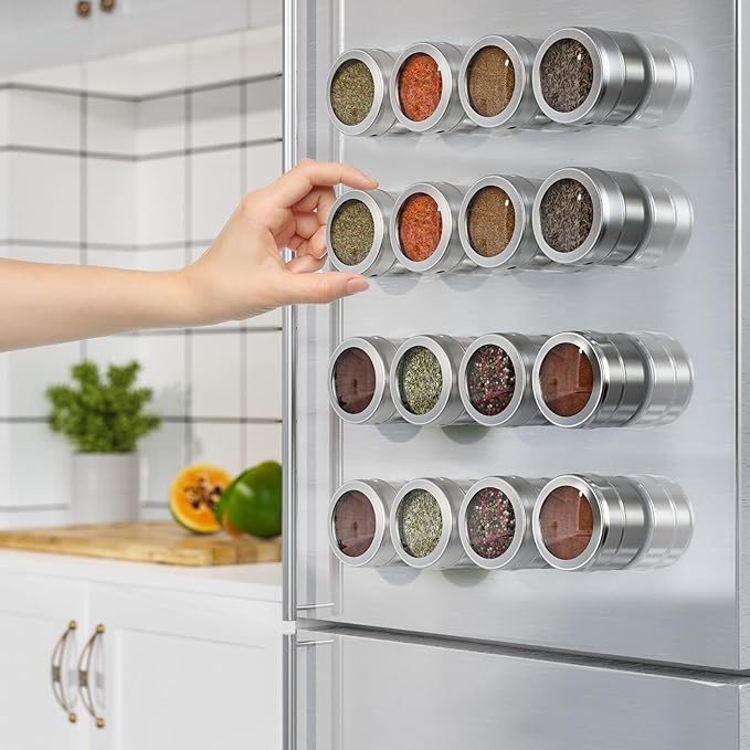 Set of 16 Magnetic Spice Tins with 4 Metal Wall-Plates,100 Preprinted Seasoning Label Stickers,2 Styles for 3 oz Herb Jars