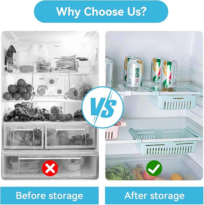 2PCS Refrigerator Drawer, Fridge Drawer Organizer Pull out Storage Drawer Under Shelf Drawer Refrigerator Organizer Bin for Egg Fruit Vegetable(Blue)