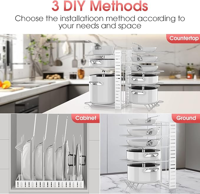 G-TING Pot Rack Organizers, 8 Tiers Pots and Pans Organizer for Kitchen Organization & Storage, Adjustable Pot Lid Holders & Pan Rack, Lid Organizer for Pots and Pans with 3 DIY Methods(White)
