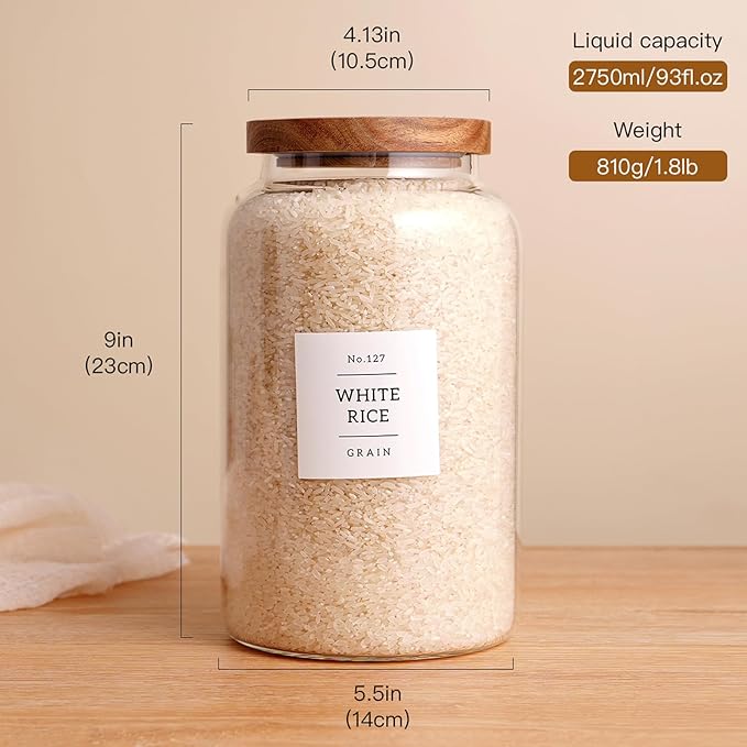 Set of 2 Large Glass Jar with Airtight Acacia Lid and 132 Kitchen Pantry Labels, Clear Glass Food Storage Jars Containers for Rice Flour Pasta Sugar Coffee Cookie and More(98 Fl Oz/2800 Ml)