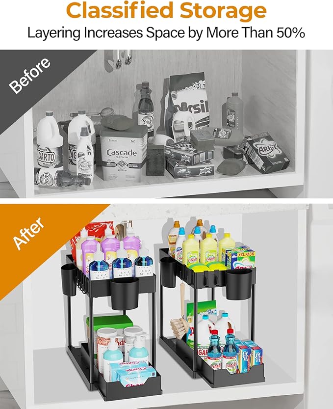 2 Pack Under Sink Organizers and Storage Bathroom, 2 Tier Under Sliding Kicthen Cabinet Basket Organizer with Hooks, Hanging Cup, Dividers, Handles, Multi-purpose Under Sink Shelf Organizer, Black