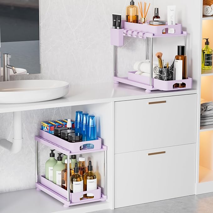 Under Sink Organizer - 2 Pack Adjustable Height, 2 Tier Organizers for Bathroom & Kitchen Sink, Purple