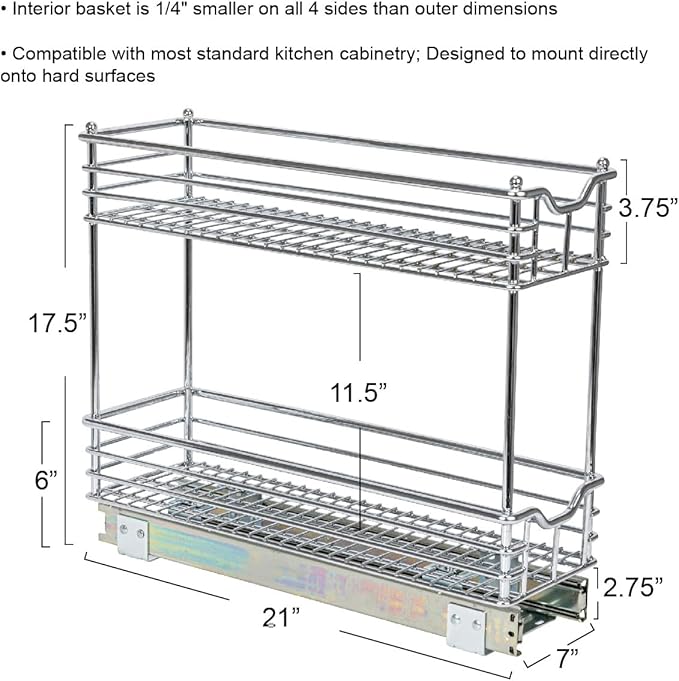 Household Essentials Narrow Sliding Cabinet Organizer, Two Tier Chrome Organizer, Chrome, Great for Slim Cabinets in Kitchen, Bathroom and More