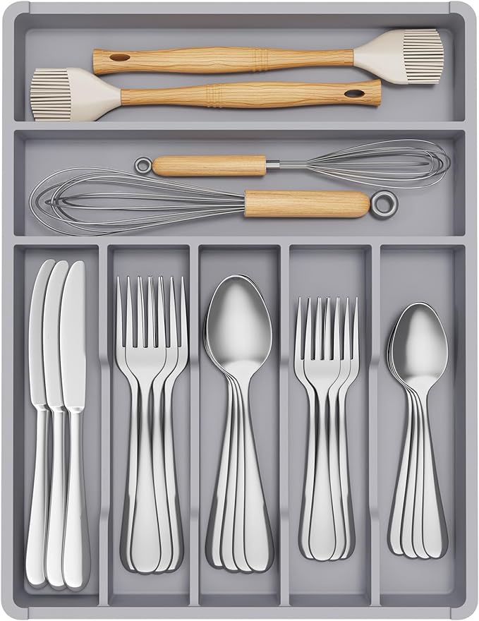 Lifewit Silverware Tray, Deep Wide Cutlery Drawer Organizer Storage for Kitchen, Plastic Flatware Utensil Holder Divider for Spoons Forks Knives Tableware, 7 Compartment, Gray