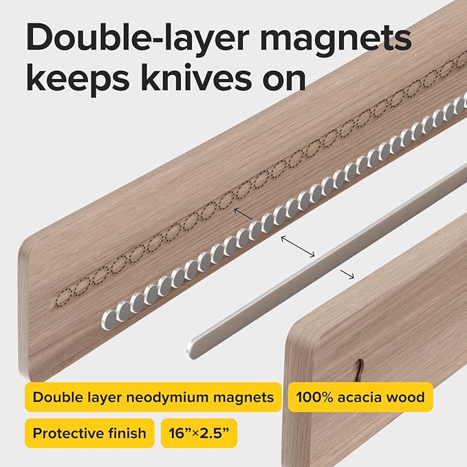 Wooden Knife Magnetic Strip 16" Acacia Wood Whitewashed Oak β Magnetic Knife Holder for Wall no Screws β Kitchen Utensil Holder, Knife Bar, Knife Rack, Kitchen Organizer and Tool Holder