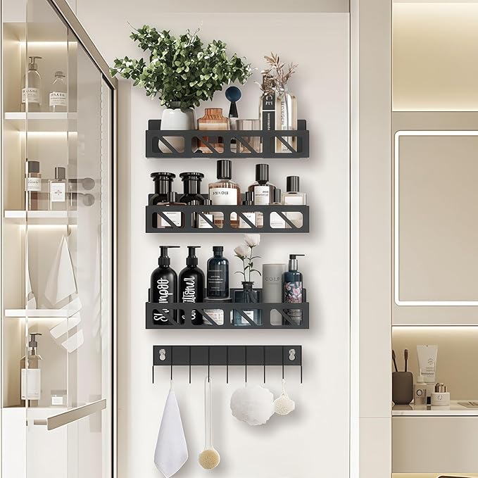 Magnetic Spice Rack Organizer for Fridge Seasoning Organizer for Kitchen storage with Screw or Adhesive Hanging,Magnetic Shelf with Hook for Refrigerator and Oven (Black-non-magnetic, 4pack)