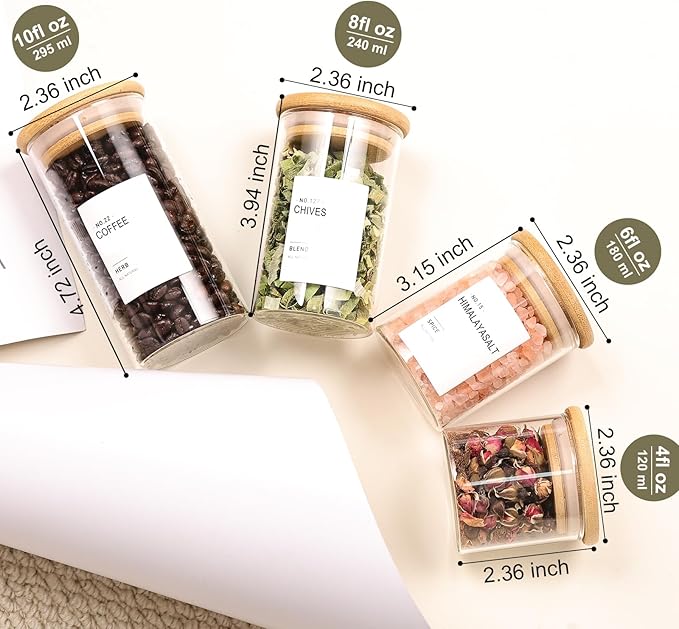 16Pcs Round Glass Spice Jars with Bamboo Lids, include 4oz, 6oz, 8oz, 10oz Empty Containers With 340 Spice Labels Preprinted of White and Black Color, Spice Bottles for Seasoning Organizer