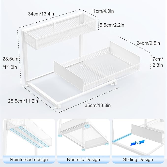 Under Sink Organizer and Storage, 2 Tier Pull Out Cabinet Organizer, Slide Out Under Sink Storage Shelf, Undersink Organizers Shelves for Kitchen Bathroom Pantry Organization (White)