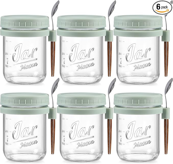 LANDNEOO 6 Pack Overnight Oats Containers with Lids and Spoons, 16 oz Glass Mason Overnight Oats Jars, Large Capacity Airtight Jars for Milk, Cereal, Fruit(Green)
