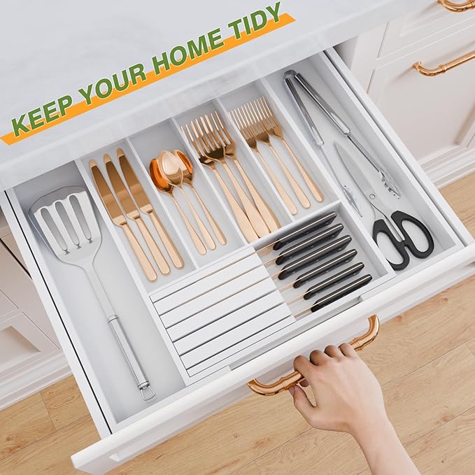 Bamboo Kitchen Silverware Drawer Organizer - Expandable Wood Utensil Holder with Dividers, Luxury Cutlery Storage Tray for Kitchen Utensil and Flatware (5-7 Slots with Removable Knife Block, (White)