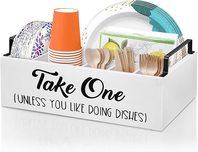 Lzhevsk Paper Plate Holders Silverware Caddy for Countertop, Kitchen Utensil Holder Organizer for Cutlery, Cups, Fork, Spoon, Wood Utensil Caddy Paper Plates Dispenser for Party Picnic BBQ