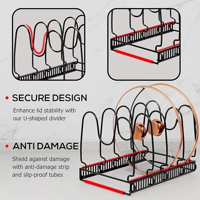 Expandable Pot and Pan Organizer Rack - Adjustable Kitchen Cabinet Holder for Pots, Lids, and Pans