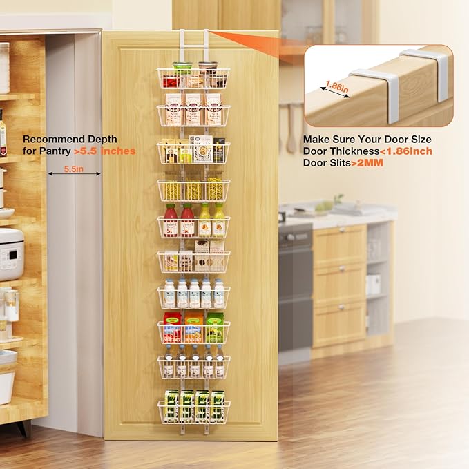 10 Tier Over the Door Pantry Organizer, Over the Door Spice Rack with Adjustable Baskets, Metal Hanging Door Pantry Organizers and Storage for Kitchen Bathroom Bedroom, White