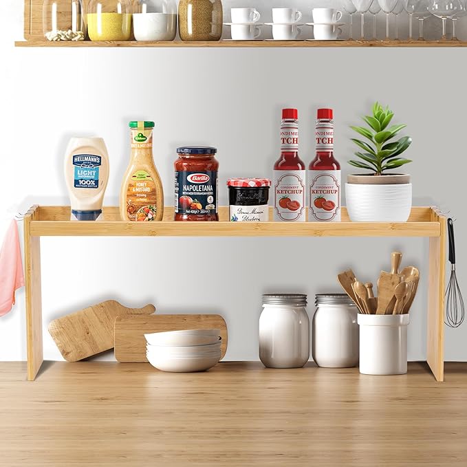 Bamboo Stove Top Shelf - Over The Stove Shelf for Kitchen, 31" Countertop Spice Rack Organizer Kitchen Space Savers, Protective Lips with 6 Hooks, Easy to Assemble