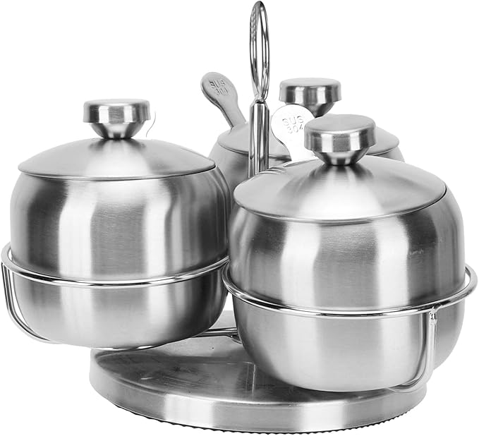 Stainless Steel Condiment Seasoning Container Pots Set with Spice Rack Large Capacity Tone to Store, Sugar, Salt, Oil, Spices Condiment Jars Storage, Silver