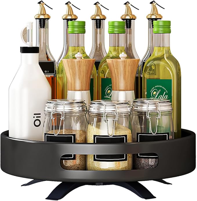 Lazy Susan Organizer Spice Rack 2 Tier,Organizer for Cabinet, Metal Lazy Turntable, Spice Shelf for Pantry, Kitchen Counter, Storage,12inch Black