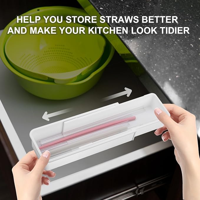 BOXOB Expandable Straw Organizer, Multi-Functional Plastic Straw Holder Long Straw Drawer Storage Reusable Straw Container for Cabinet Kitchen Home (White)