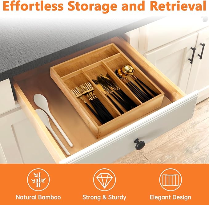Bamboo Drawer Organizer for Utensils Holder, Drawer Dividers Organizer for Silverware, Flatware, Knives in Kitchen, Bedroom, Living Room, Office as Housewarmings, Wedding, Bridal Shower Gifts