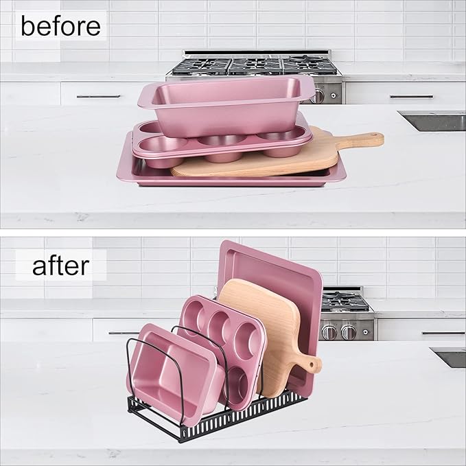 Toplife 10+ Bakeware Organizer Rack for Kitchen Bakeware, Cookware, Dinnerware, Cutting Boards, Plates, Pot and Pan Lids (Black)