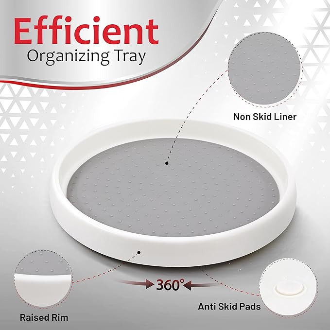 Lazy Susan Turntable 12 Inch, Non-Skid Lazy Susan Cabinet Organizer, 360 Degree Rotating Turn Table for Kitchen, Countertop, Pantry, Refrigerators, Vanity, White & Grey, Pack of 4 - by RamPro