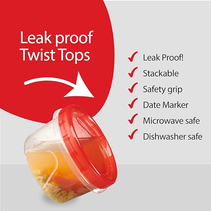 PLASTICPRO 6 Pack Twist Cap Food Storage Containers with Red Screw on Lid- 16 oz Reusable Meal Prep Containers - Freezer and Microwave Safe Red Plastic Food Storage