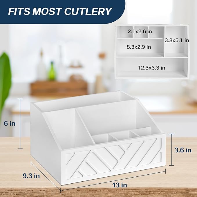 Paper Plate Dispenser, Paper Plate Holder for Kitchen Counter, Wood Rustic Silverware Utensil Caddy, Cutlery Flatware Organizer Box for Cups Spoons Forks Plates Napkins, Kitchen Accessories (White)