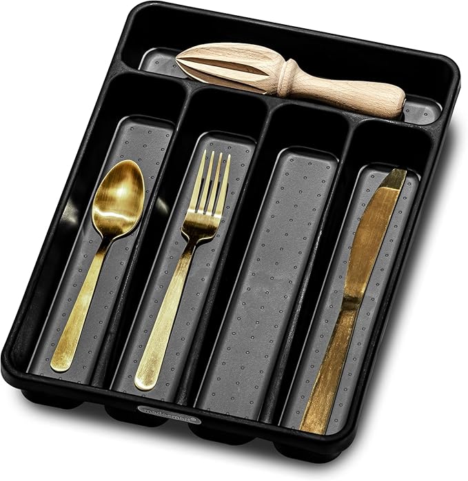 madesmart Premium Antimicrobial Classic Mini Silverware Tray, Soft Grip, Non-Slip Kitchen Drawer Organizer, 5 Compartments, Multi-Purpose Home