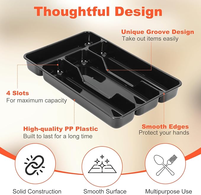 Plastic Silverware Drawer Organizer,Cutlery Storage for Kitchen Drawer Tray,Flatware and Utensil Organizer Holder Divider for Spoons Forks Knives Tableware, 4 Compartment,Small Black