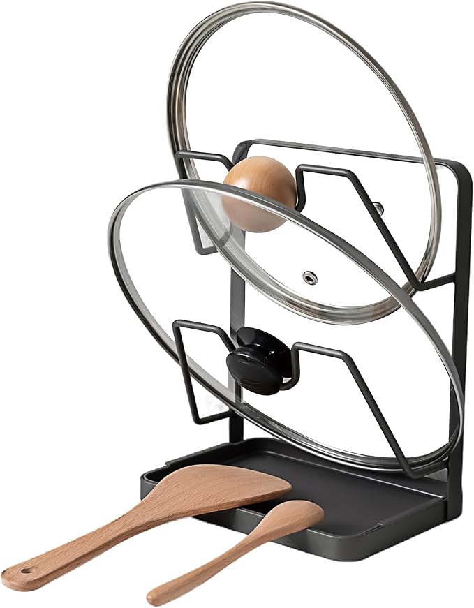 Pot Lid Holder While Cooking, Kitchen Spoon Rest with Lid Holder for stove top, Multifunctional Kitchen Pot Lid Organizer for Countertop (Iron,Dark Grey)