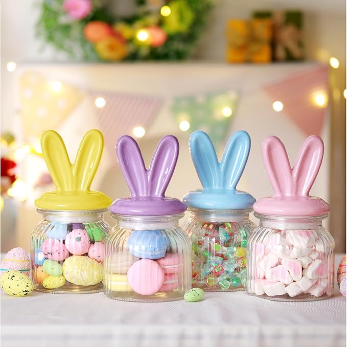 Nitial 4 Pcs Easter Glass Jar with Cap Bunny Ear Egg Clear Candy Jar Decorative Food Storage Canister with Airtight Ceramic Lid for Eater Party Tea Cookie Table Decoration(22 oz,Rabbit Ear)