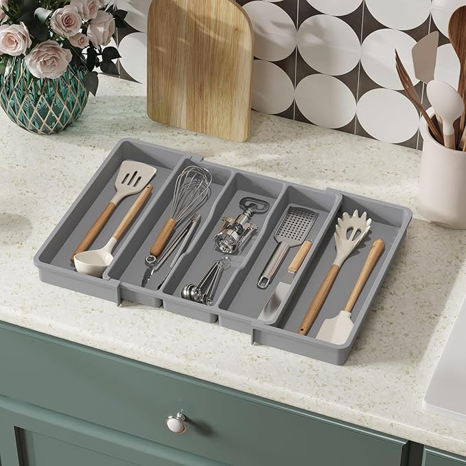 Lifewit Utensil Organizer for Kitchen Drawers, Expandable Cooking Utensil Tray, Adjustable Cutlery Silverware Flatware Holder, Plastic Kitchen Spatula Tools and Gadgets Storage Divider, 2 Pack, Gray