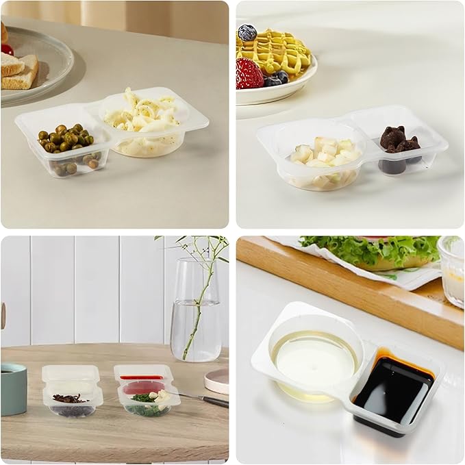 Snack Containers Double Compartment Snack Packs with Lids Grab and Go Snack Prep Box Meal Prep 2 Compartments Condiment Dipping Containers (20 Pcs)