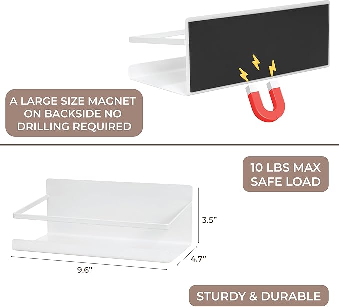NHZ Magnetic Spice Rack, Magnetic Spice Rack Refrigerator, Magnetic Shelf, Metal Fridge Shelves with Extra Strong Magnets, Magnetic Shelf for Refrigerator, Perfect Space Saving (2 Pack, White)