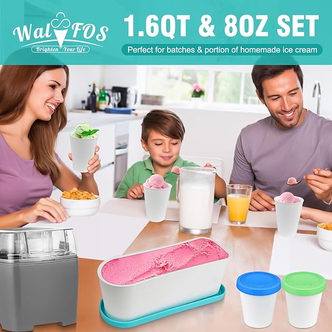 Walfos Ice Cream Containers for Homemade Ice Cream - 1.6 Quart & 8 oz. Set, Bonus Sealing Bands Keeping Silicone Lids Airtight, Reusable Ice Cream Tubs, Stackable Freezer Storage Container - Blue