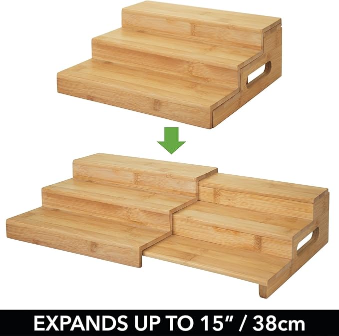 mDesign Bamboo Adjustable, Expandable Spice Rack Organizer with 3 Levels Storage for Kitchen Cabinet, Countertop, Pantry Shelf - Holds Spice Jars - Echo Collection - Natural