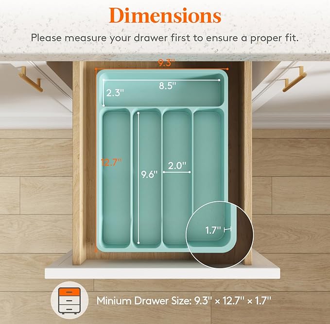 Lifewit Silverware Organizer with Lid, Covered Utensil Tray for Kitchen Drawer and Countertop, Plastic Cutlery and Flatware Storage Box for Spoons Forks Knives Holder Case, 5 Compartments, Turquoise