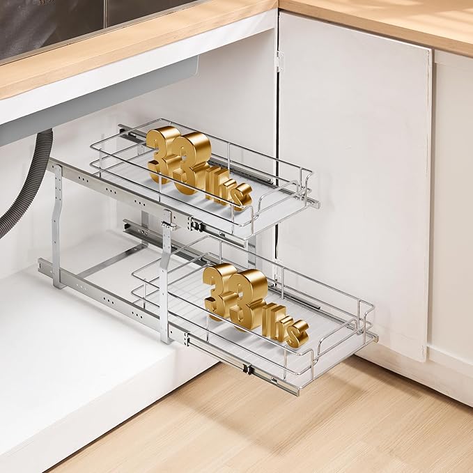 VEVOR 12"W x 21"D Pull Out Cabinet Organizer, Heavy Duty Slide Out Pantry Shelves, Chrome-Plated Steel Roll Out Drawers, Sliding Drawer Storage for Home, Inside Kitchen Cabinet, Bathroom, Under Sink