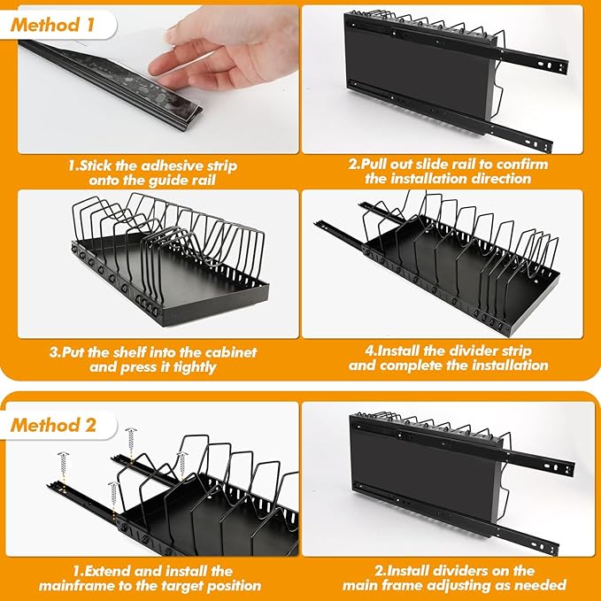 1 Pack Pull Out Pot and Pan Organizer Under Cabinet, Slide Out Pot Lid Organizer with 10 Adjustable Dividers Sliding Pan Holder Storage Rack Inside Cabinet for Kitchen Black