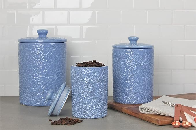 10 Strawberry Street Kitchen Canister, 3 Piece Set, Fleur Denim Blue